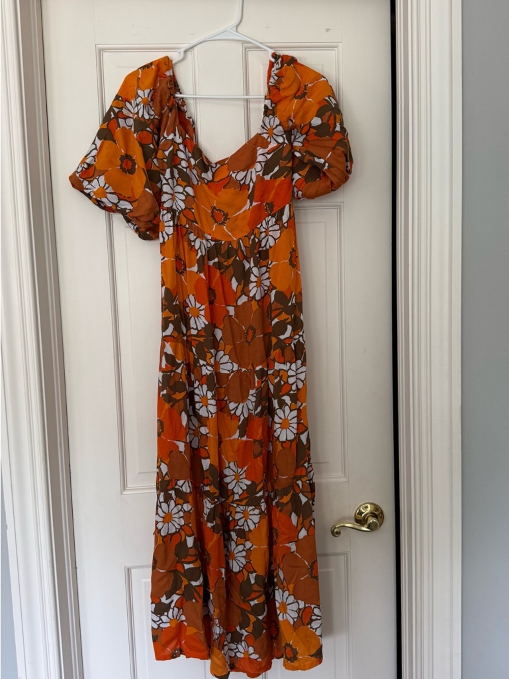 Faithfull the Brand Orange Floral Puff-Sleeve Maxi Dress